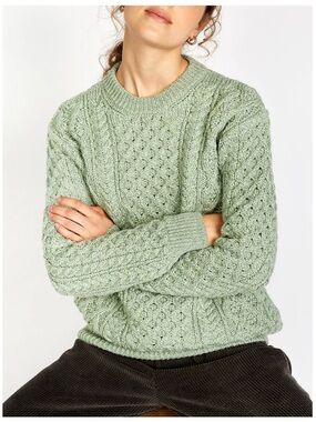 IrelandsEye Lambay Lattice Cable Knit Aran Pullover Sweater Sage Green XL